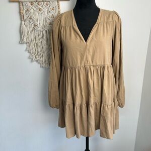 NWT Zara Tiered Mini Short V-neck Dress Large  Mid-camel Vacation